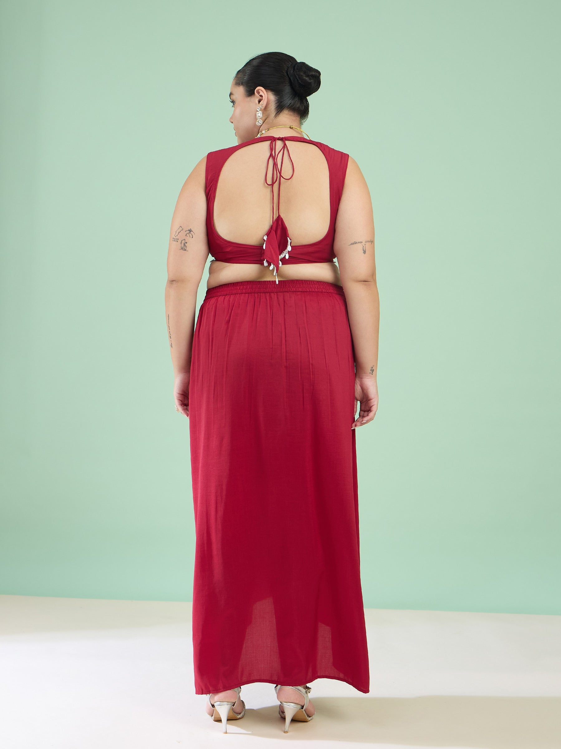 Women Maroon Embroidered Crop Top With Dhoti Skirt & Shrug