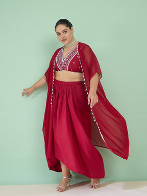 Women Maroon Embroidered Crop Top With Dhoti Skirt & Shrug