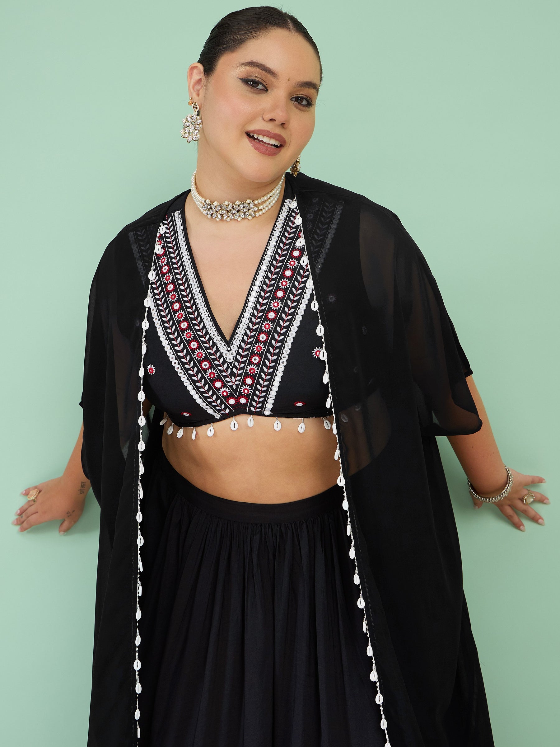 Black Embroidered Crop Top With Dhoti Skirt & Shrug-Shae by SASSAFRAS