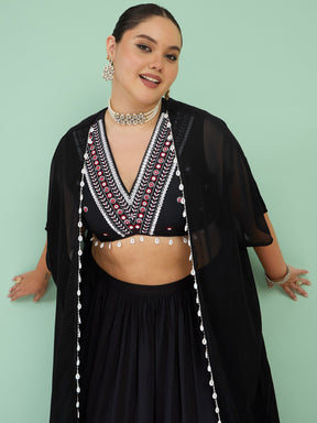 Black Embroidered Crop Top With Dhoti Skirt & Shrug-Shae by SASSAFRAS