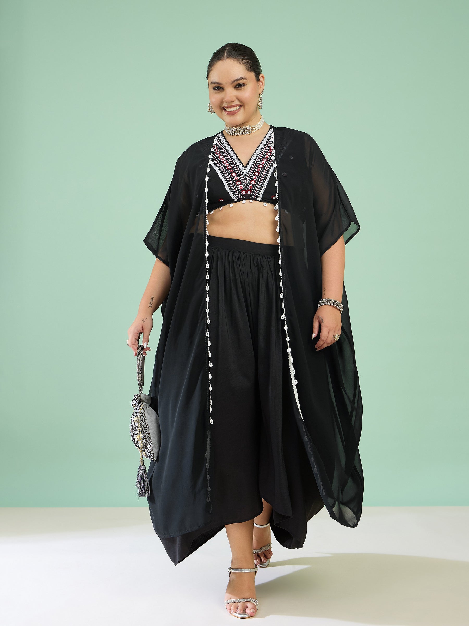 Black Embroidered Crop Top With Dhoti Skirt & Shrug-Shae by SASSAFRAS