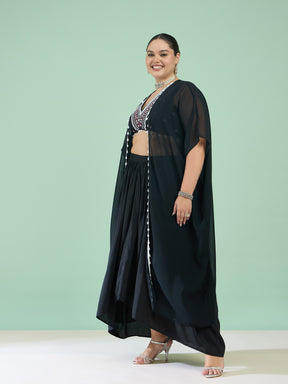Black Embroidered Crop Top With Dhoti Skirt & Shrug-Shae by SASSAFRAS