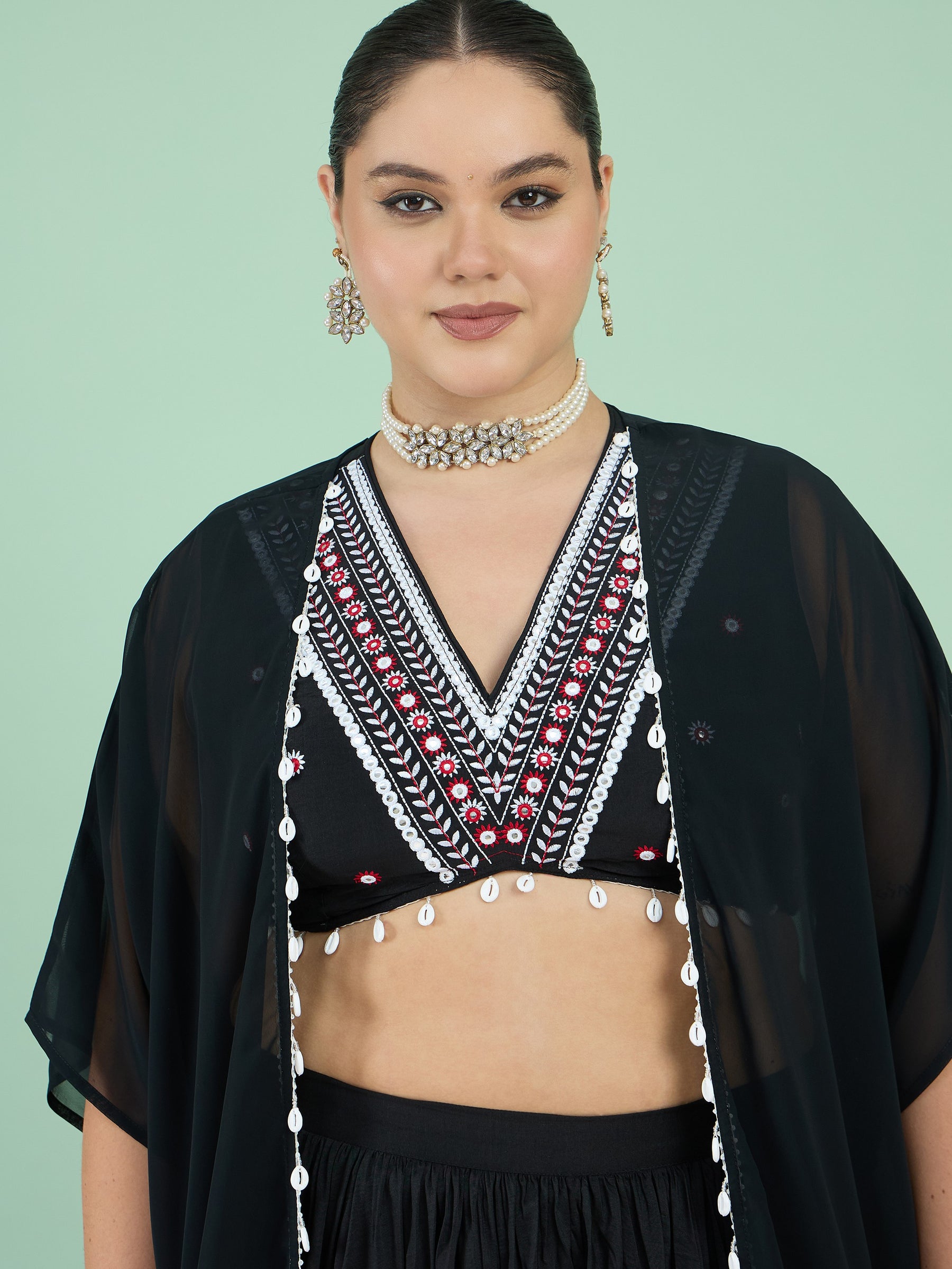 Women Black Embroidered Crop Top With Dhoti Skirt & Shrug