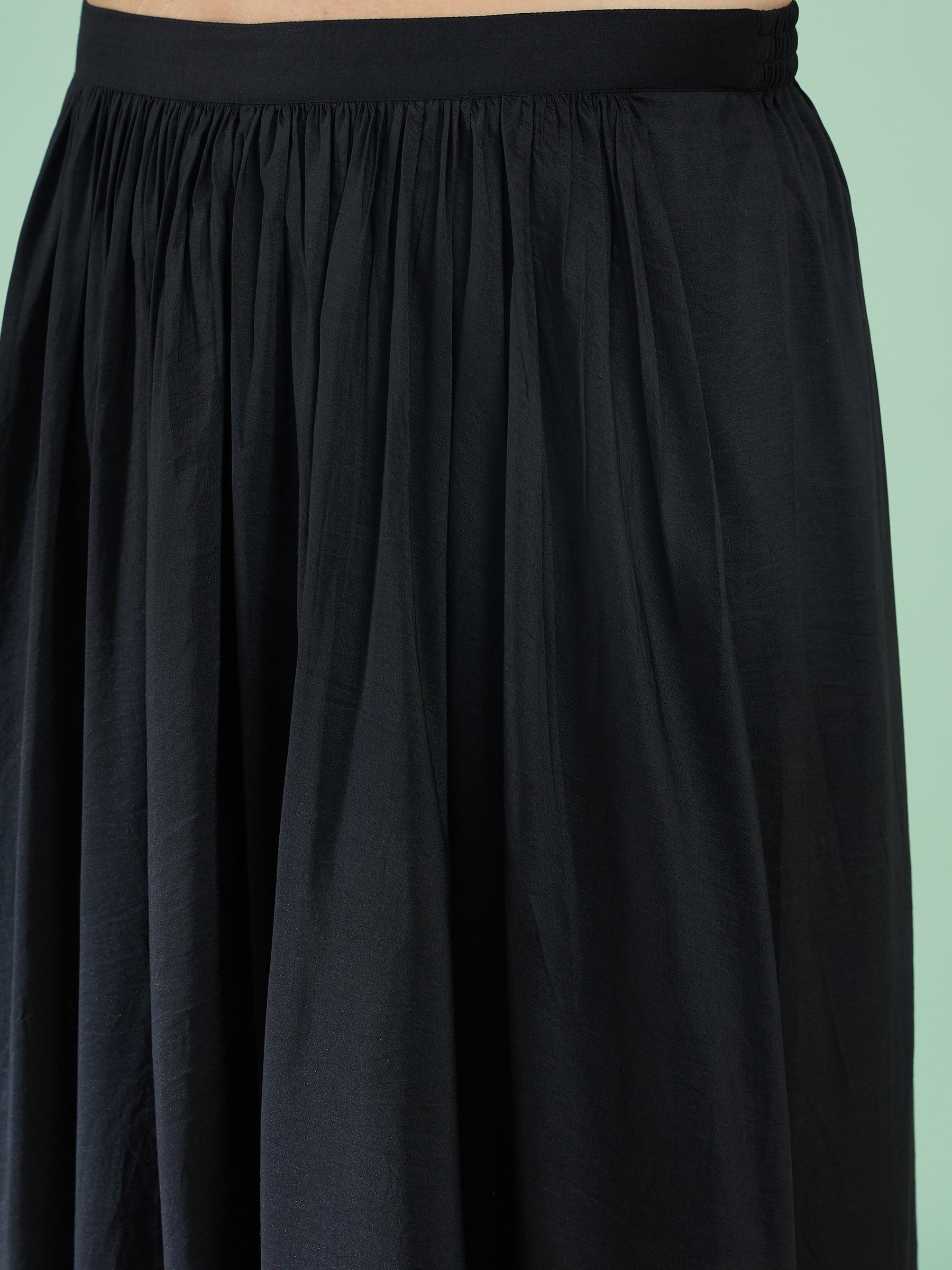 Women Black Embroidered Crop Top With Dhoti Skirt & Shrug
