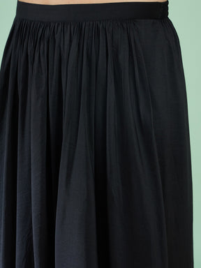 Women Black Embroidered Crop Top With Dhoti Skirt & Shrug