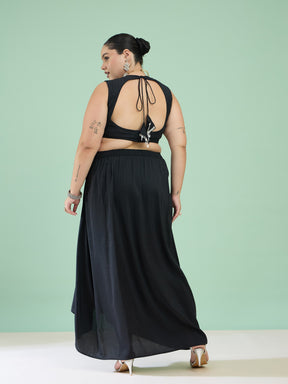 Women Black Embroidered Crop Top With Dhoti Skirt & Shrug