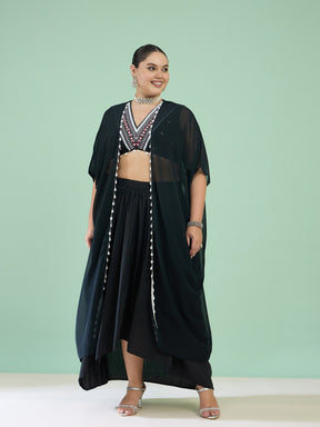 Women Black Embroidered Crop Top With Dhoti Skirt & Shrug