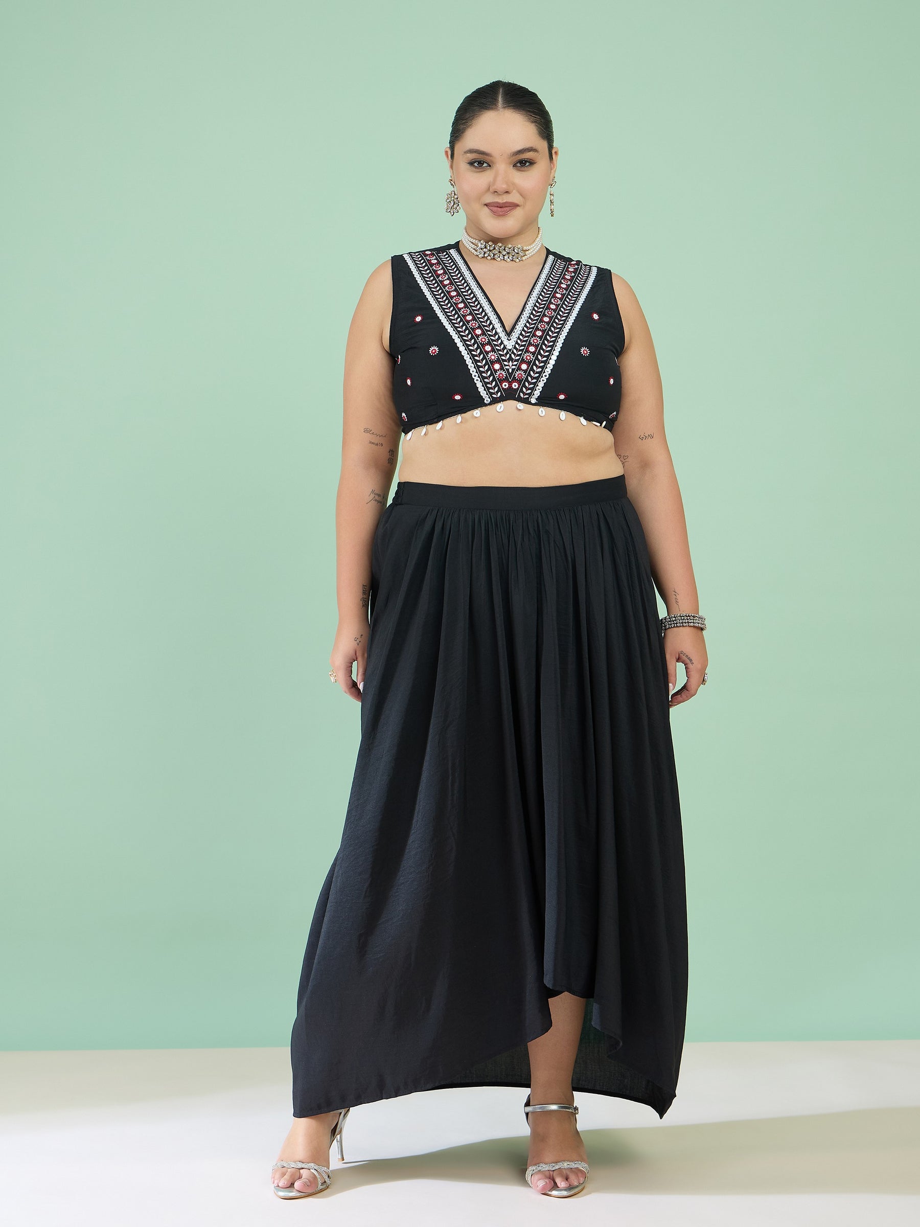 Women Black Embroidered Crop Top With Dhoti Skirt & Shrug