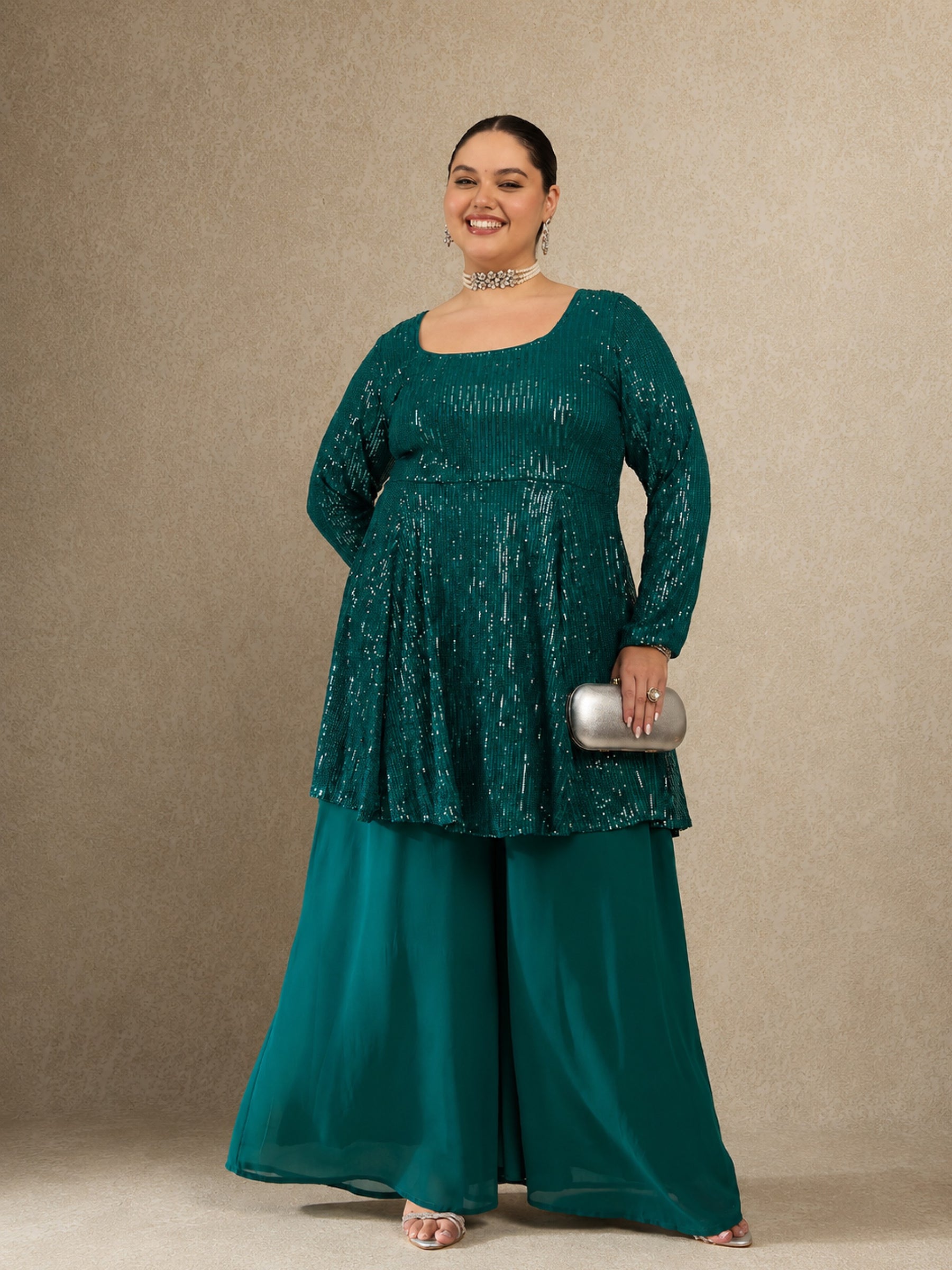 Green Sequin Full Sleeves Peplum Top With Flared Pants -Shae by SASSAFRAS