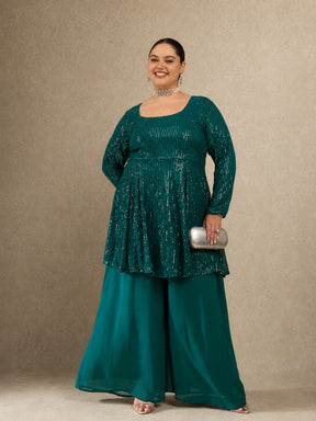 Green Sequin Full Sleeves Peplum Top With Flared Pants -Shae by SASSAFRAS