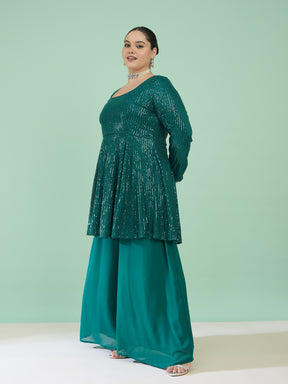 Green Sequin Full Sleeves Peplum Top With Flared Pants -Shae by SASSAFRAS