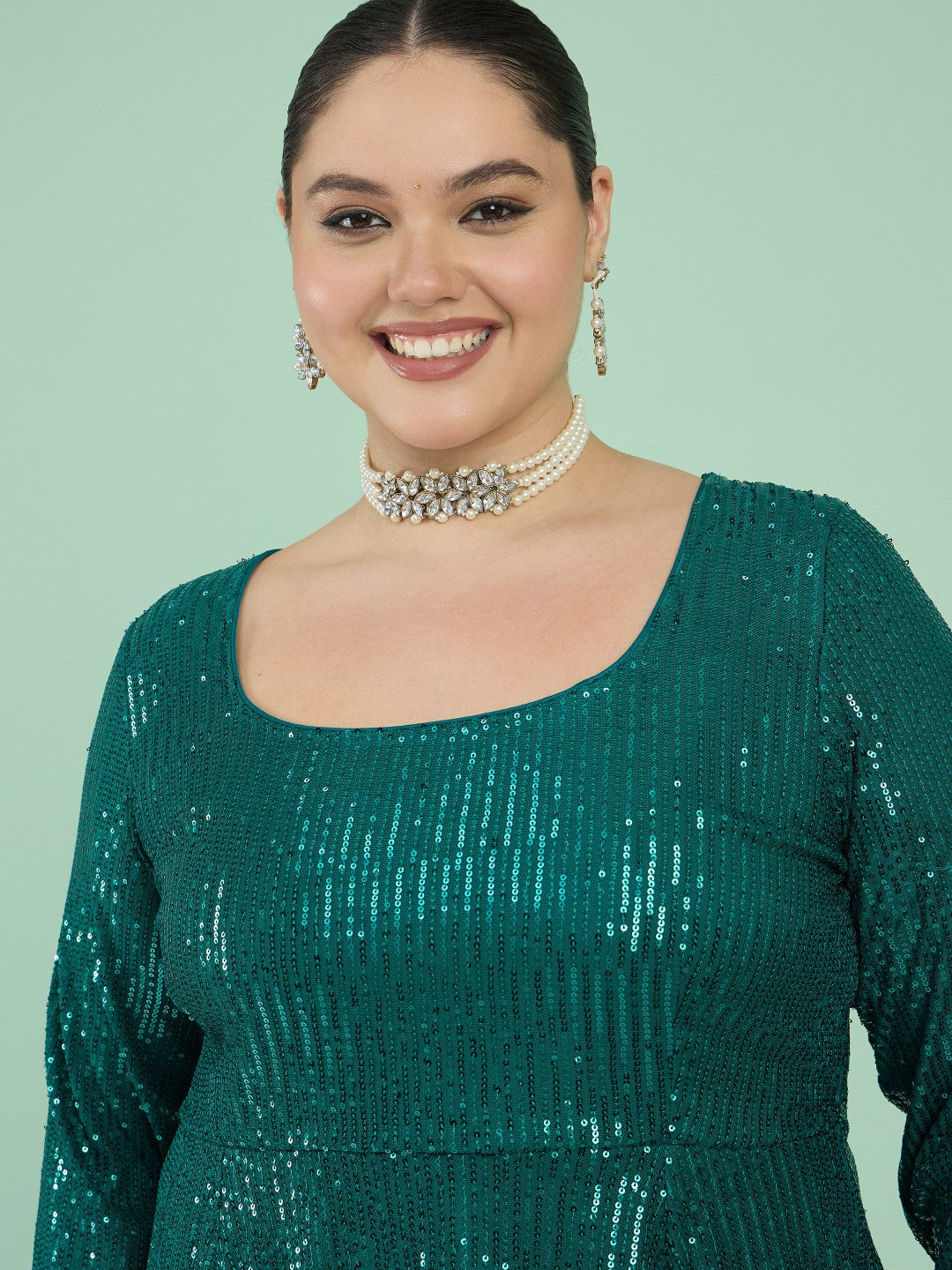 Green Sequin Full Sleeves Peplum Top With Flared Pants -Shae by SASSAFRAS