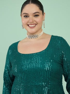 Green Sequin Full Sleeves Peplum Top With Flared Pants -Shae by SASSAFRAS