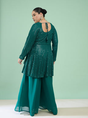Women Green Sequin Full Sleeves Peplum Top With Flared Pants