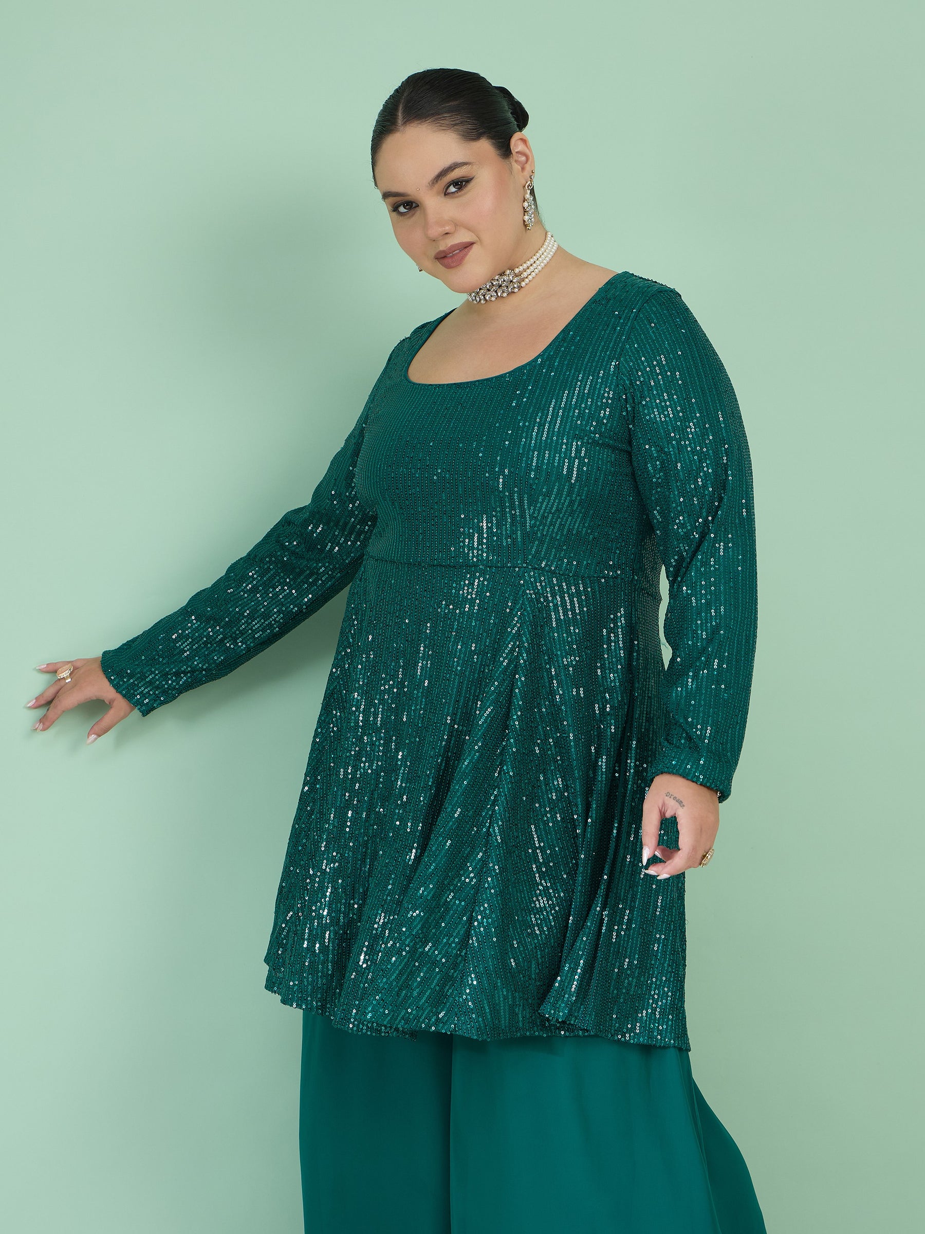 Women Green Sequin Full Sleeves Peplum Top With Flared Pants