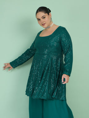 Women Green Sequin Full Sleeves Peplum Top With Flared Pants
