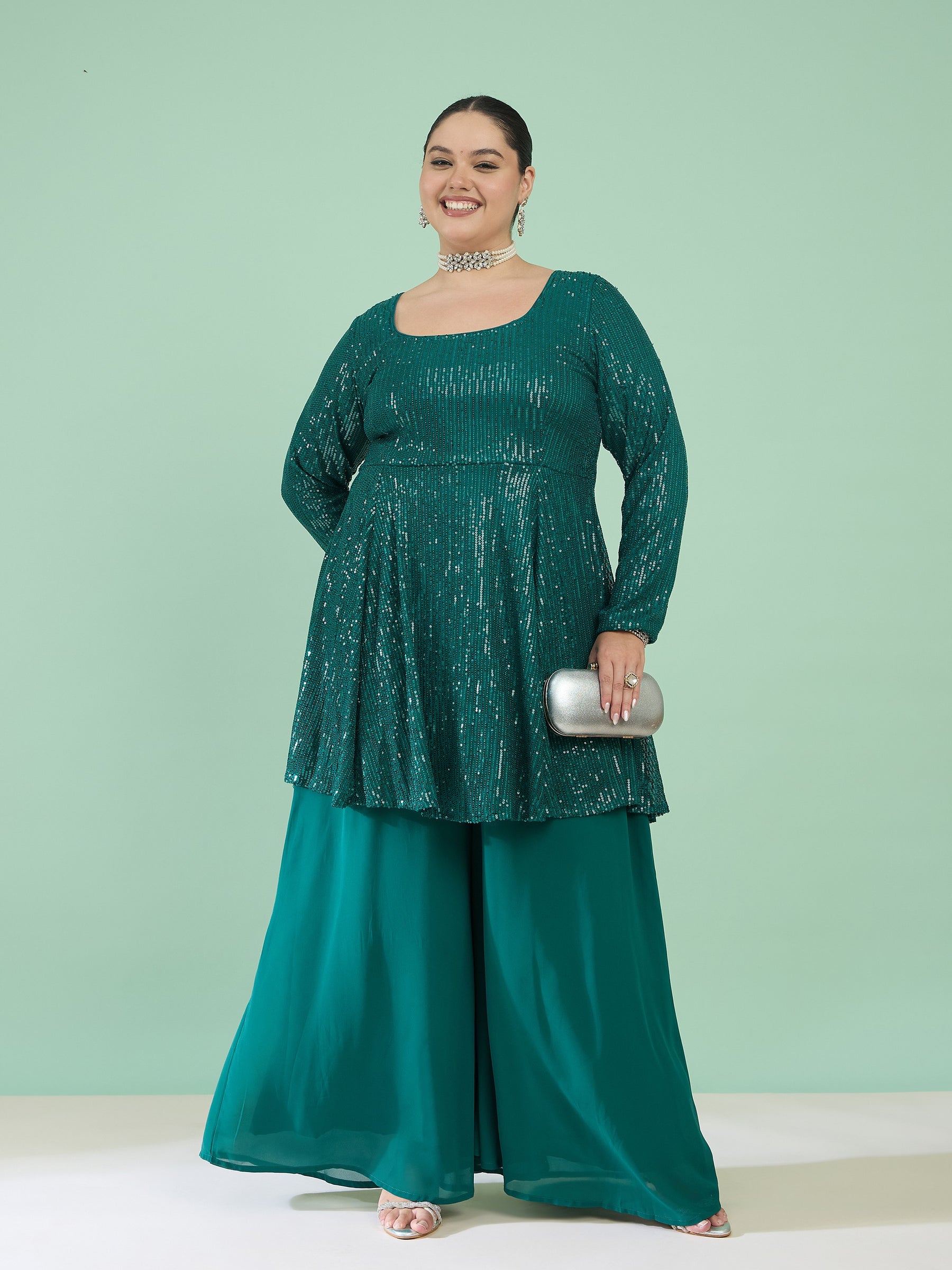 Women Green Sequin Full Sleeves Peplum Top With Flared Pants