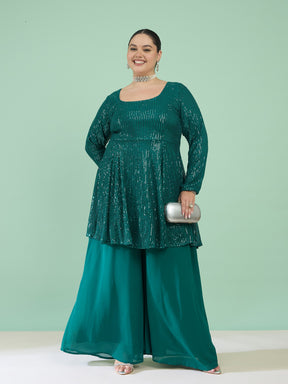 Women Green Sequin Full Sleeves Peplum Top With Flared Pants