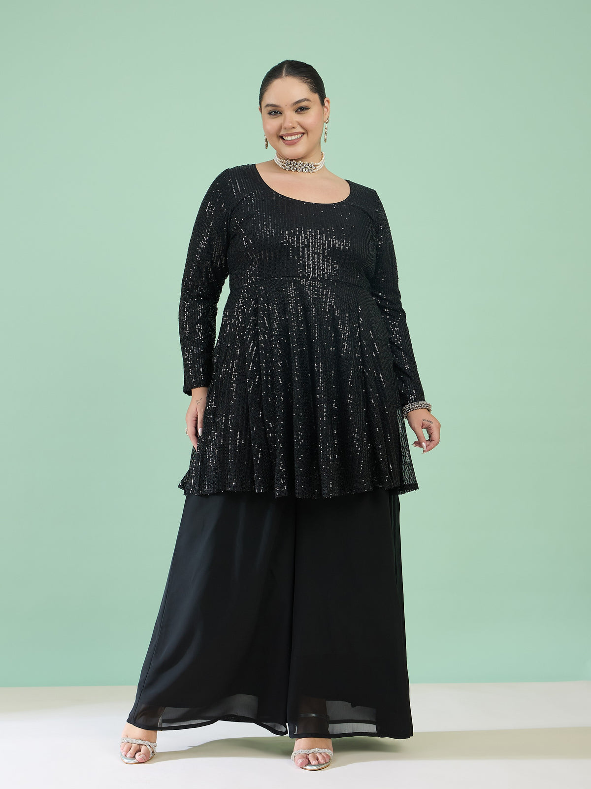Black Sequin Full Sleeves Peplum Top With Flared Pants -Shae by SASSAFRAS