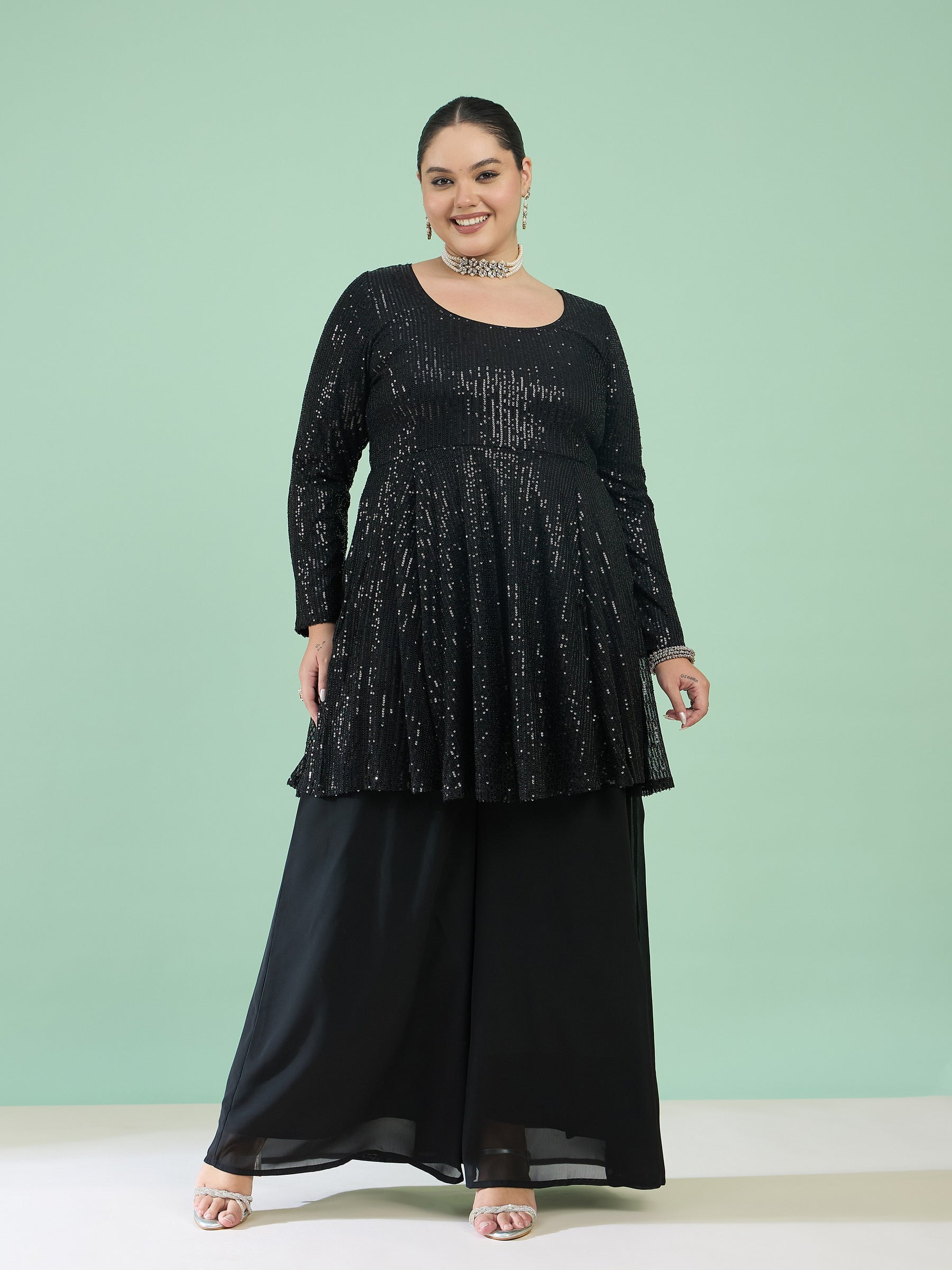 Black Sequin Full Sleeves Peplum Top With Flared Pants -Shae by SASSAFRAS