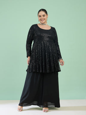 Black Sequin Full Sleeves Peplum Top With Flared Pants -Shae by SASSAFRAS
