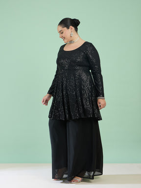 Black Sequin Full Sleeves Peplum Top With Flared Pants -Shae by SASSAFRAS