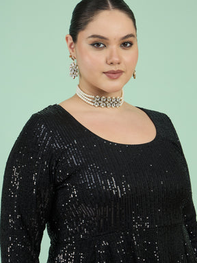 Black Sequin Full Sleeves Peplum Top With Flared Pants -Shae by SASSAFRAS