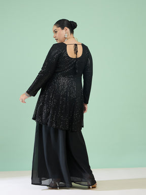 Women Black Sequin Full Sleeves Peplum Top With Flared Pants