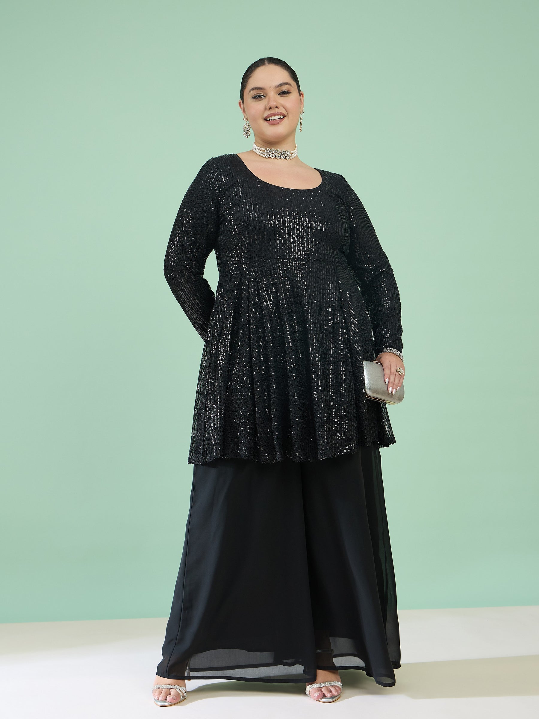 Women Black Sequin Full Sleeves Peplum Top With Flared Pants