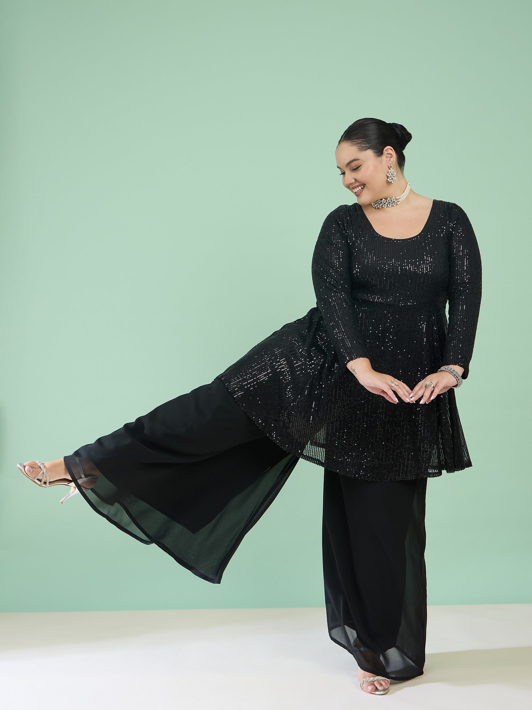 Women Black Sequin Full Sleeves Peplum Top With Flared Pants