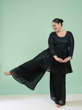 Women Black Sequin Full Sleeves Peplum Top With Flared Pants