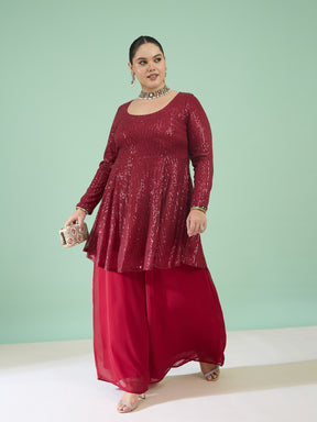 Maroon Sequin Full Sleeves Peplum Top With Flared Pants -Shae by SASSAFRAS