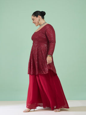 Maroon Sequin Full Sleeves Peplum Top With Flared Pants -Shae by SASSAFRAS