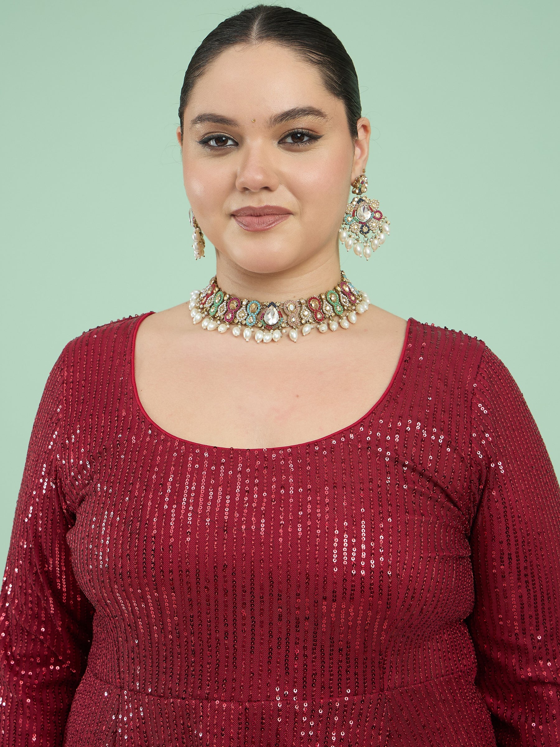 Maroon Sequin Full Sleeves Peplum Top With Flared Pants -Shae by SASSAFRAS