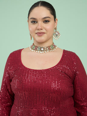 Maroon Sequin Full Sleeves Peplum Top With Flared Pants -Shae by SASSAFRAS