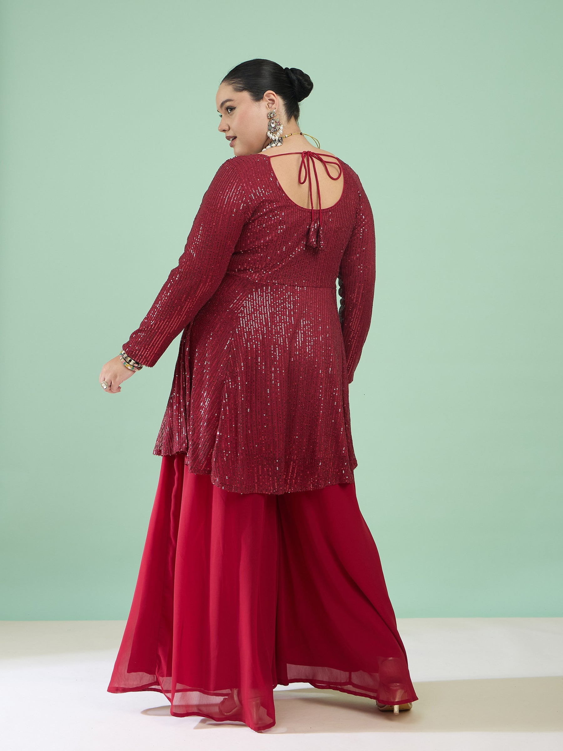 Women Maroon Sequin Full Sleeves Peplum Top With Flared Pants