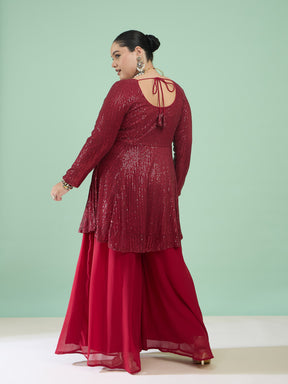 Women Maroon Sequin Full Sleeves Peplum Top With Flared Pants