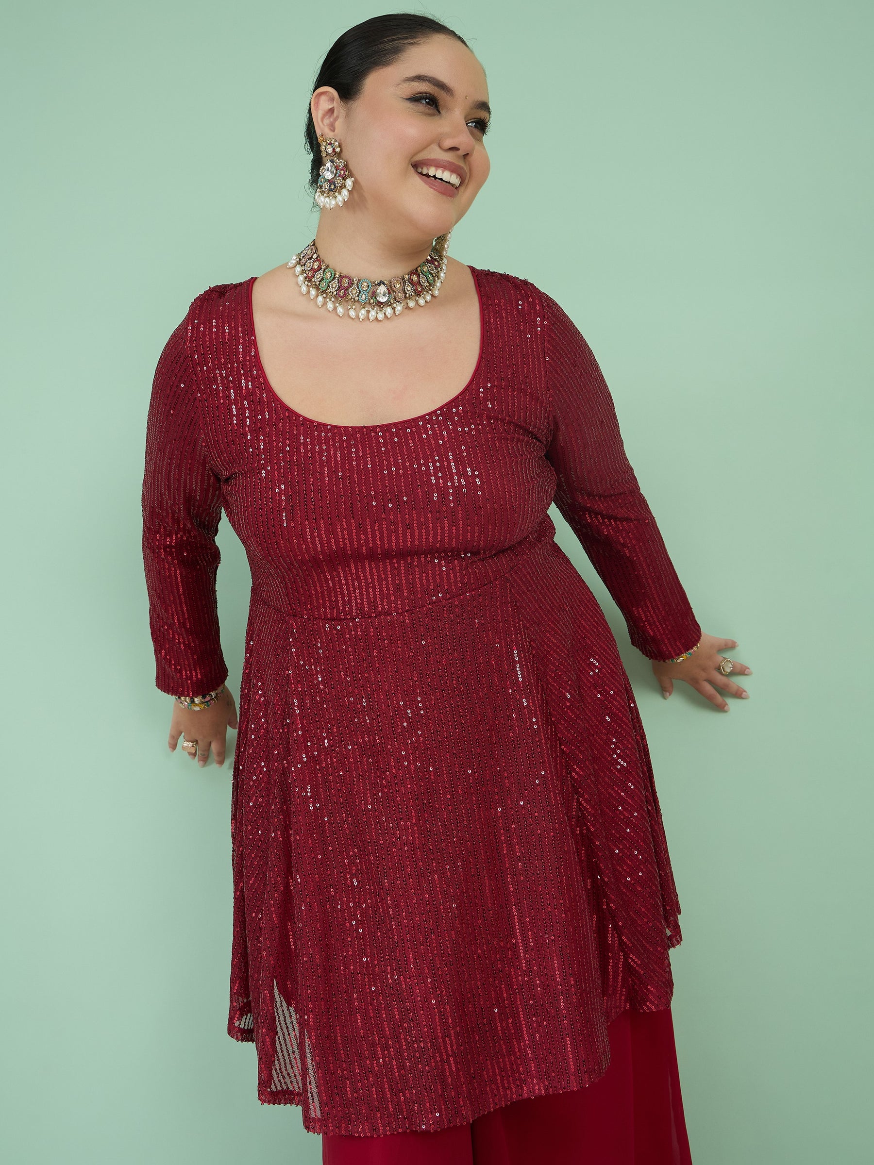 Women Maroon Sequin Full Sleeves Peplum Top With Flared Pants