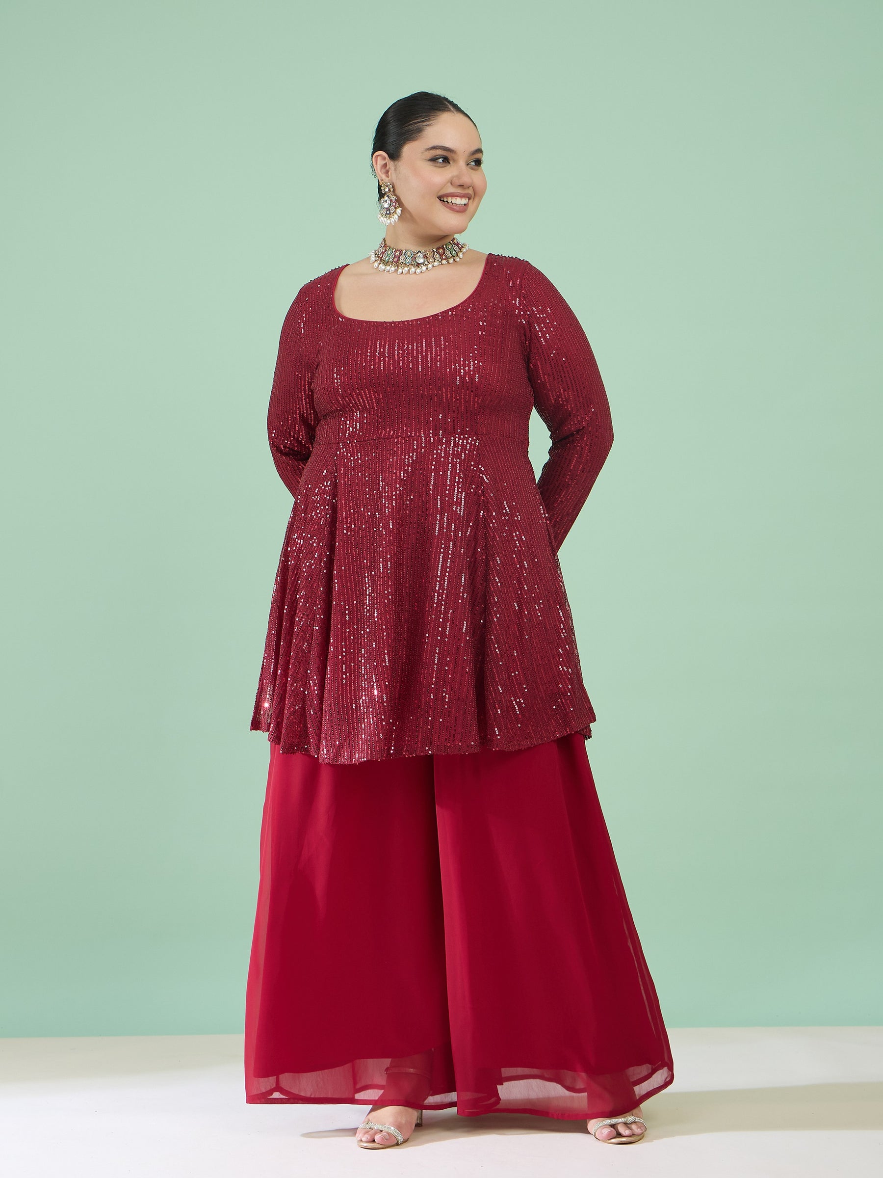 Women Maroon Sequin Full Sleeves Peplum Top With Flared Pants
