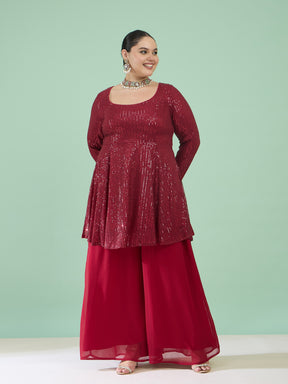 Women Maroon Sequin Full Sleeves Peplum Top With Flared Pants