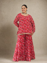 Red Floral Full Sleeves Short Kurta With Tiered Sharara-Shae by SASSAFRAS