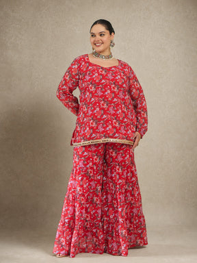 Red Floral Full Sleeves Short Kurta With Tiered Sharara-Shae by SASSAFRAS