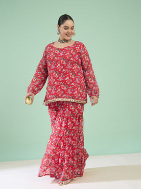 Red Floral Full Sleeves Short Kurta With Tiered Sharara-Shae by SASSAFRAS