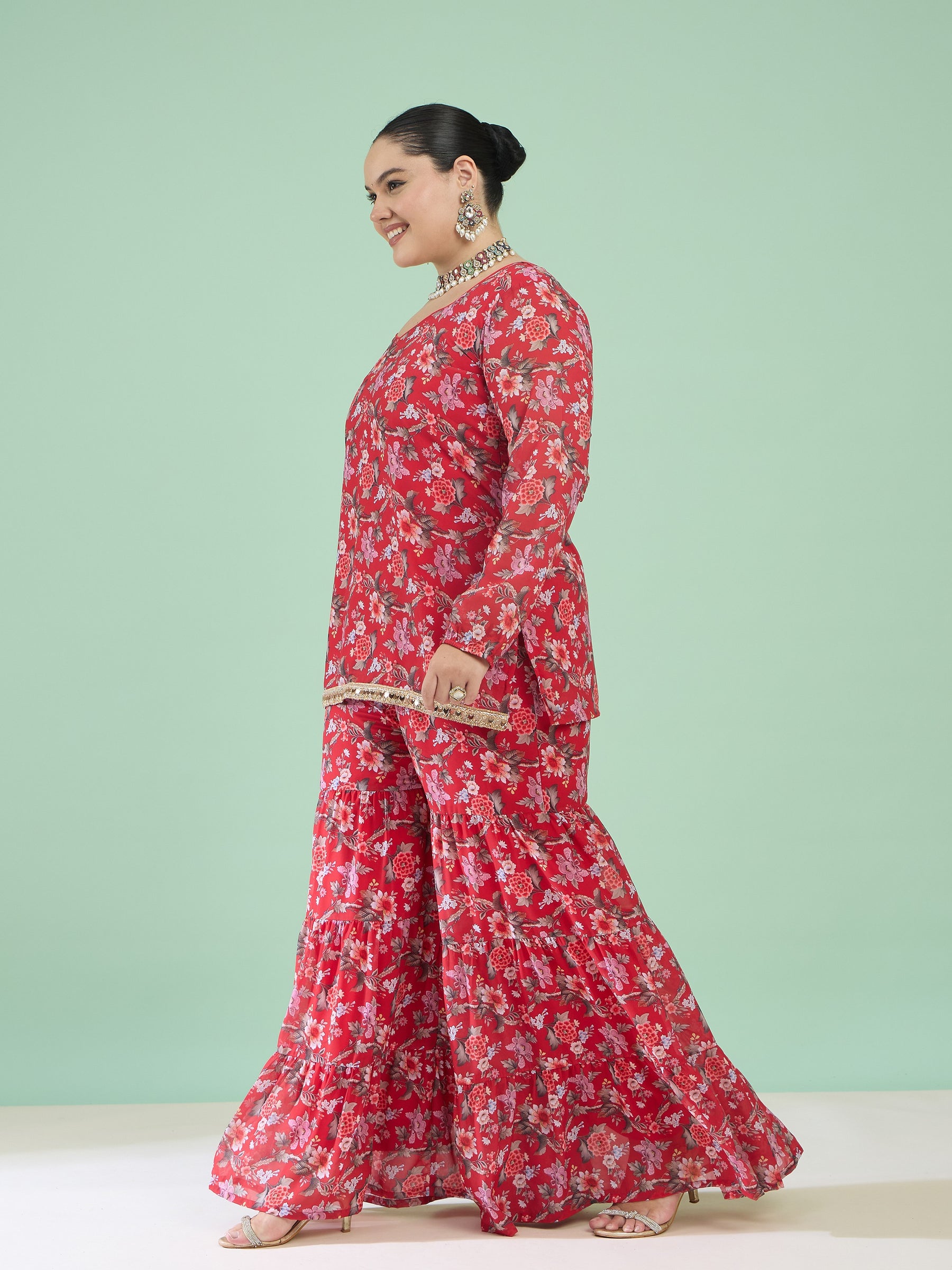 Red Floral Full Sleeves Short Kurta With Tiered Sharara-Shae by SASSAFRAS