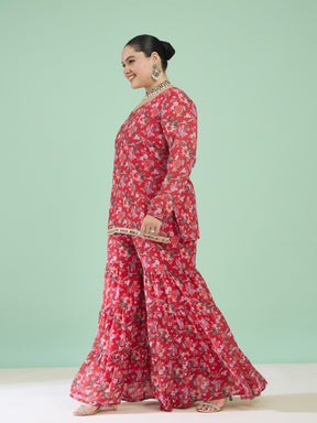 Red Floral Full Sleeves Short Kurta With Tiered Sharara-Shae by SASSAFRAS