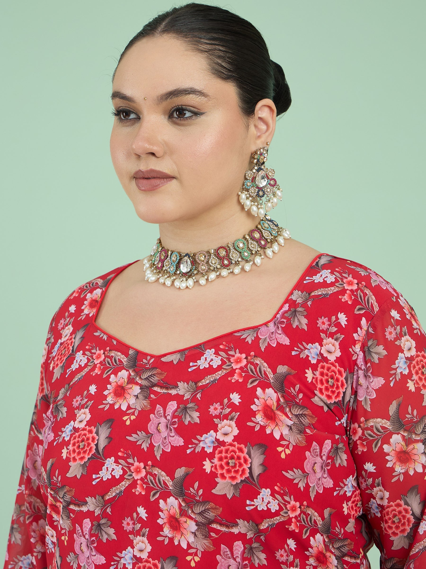 Red Floral Full Sleeves Short Kurta With Tiered Sharara-Shae by SASSAFRAS