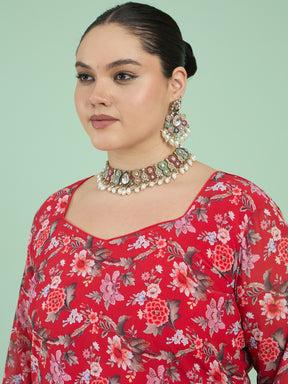 Red Floral Full Sleeves Short Kurta With Tiered Sharara-Shae by SASSAFRAS