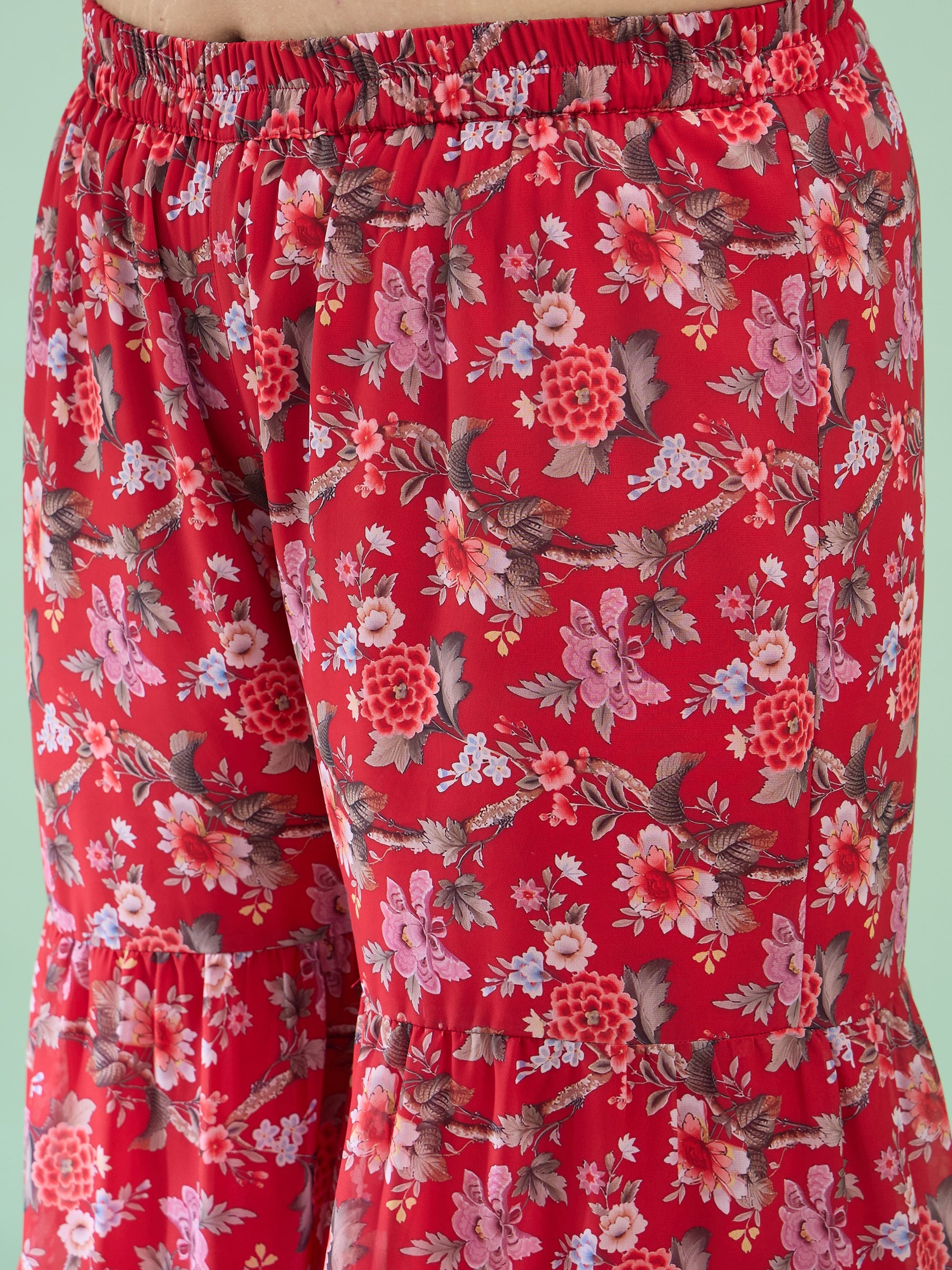 Women Red Floral Full Sleeves Short Kurta With Tiered Sharara
