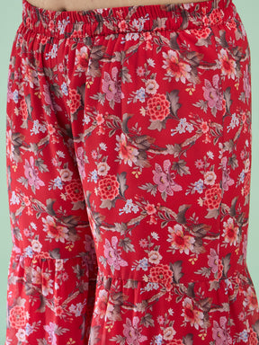 Women Red Floral Full Sleeves Short Kurta With Tiered Sharara