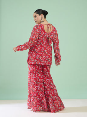 Women Red Floral Full Sleeves Short Kurta With Tiered Sharara